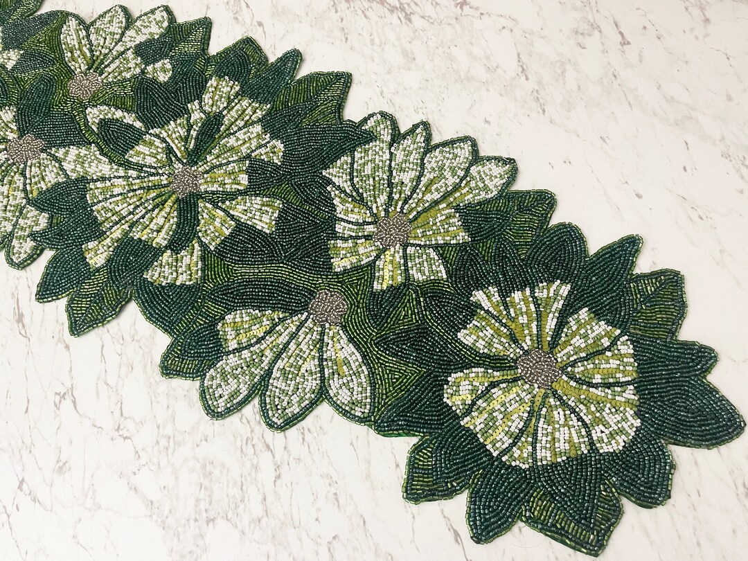 Handmade Table Runner, Beaded Table Runner, Green Floral Bead Runner ...