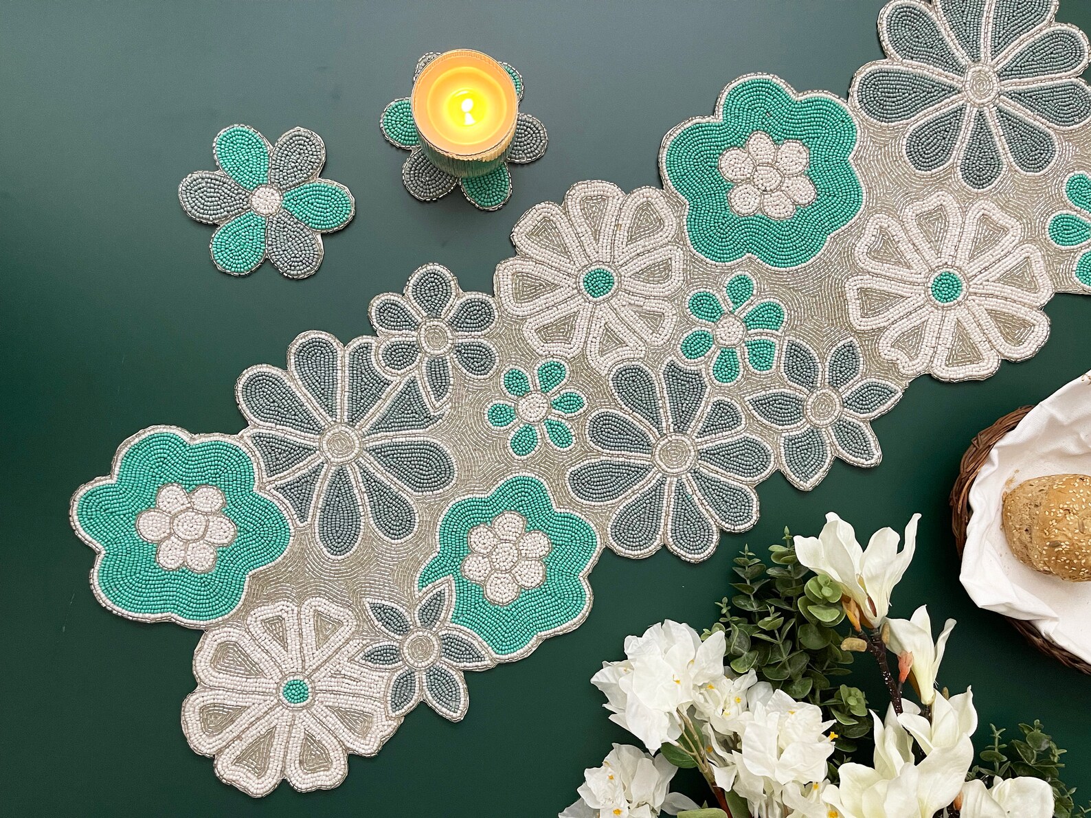 Handmade Bead Table Runner and Placemat, Floral Beaded Runner - Etsy