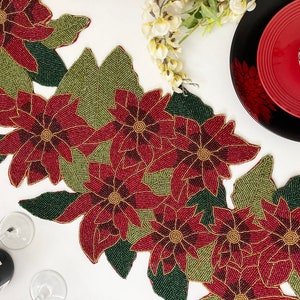 Handmade Beaded Poinsettia Table Runner: Floral Decor (13x36 inch)