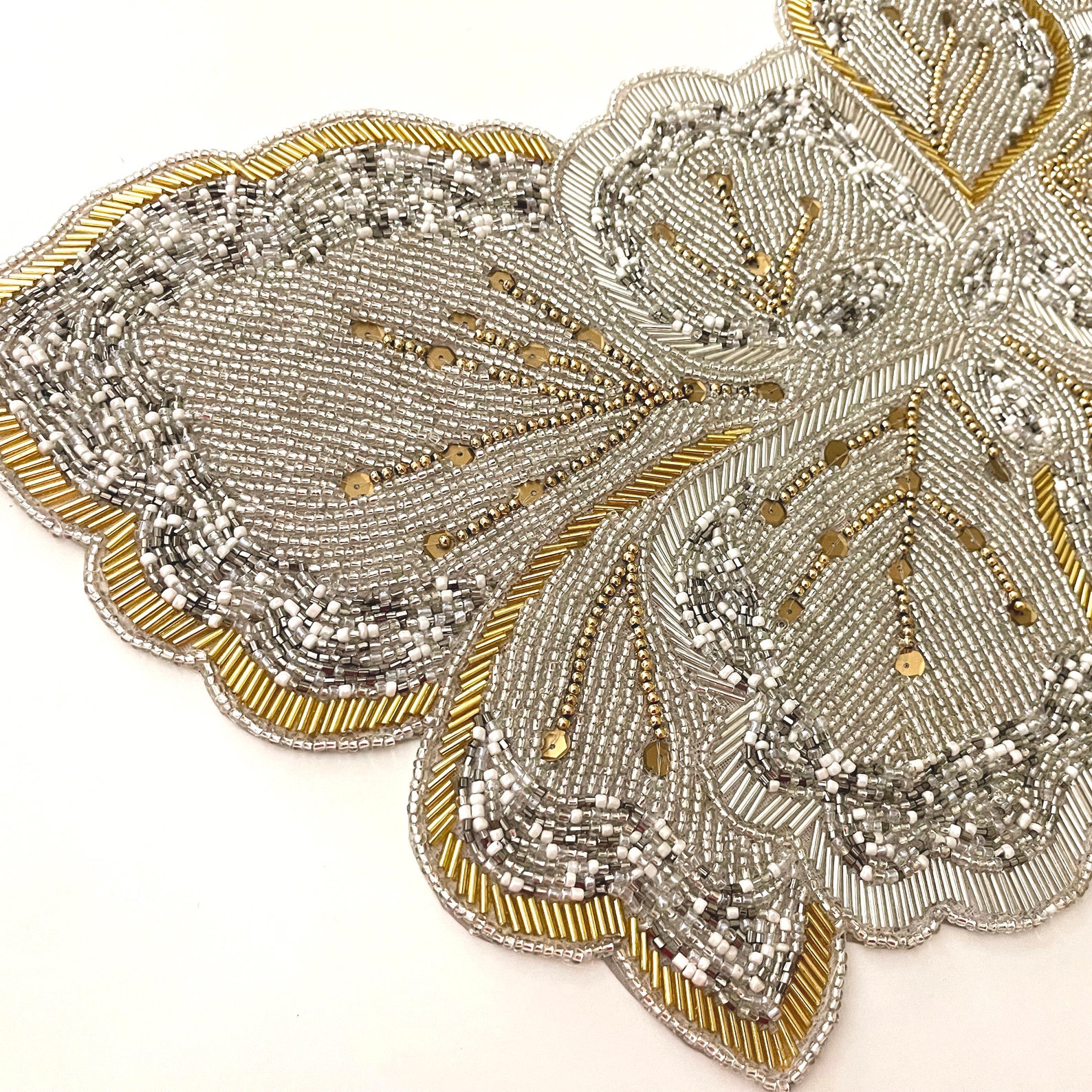 Handmade Bead Table Runner, Beaded Runner, Butterfly, Silver and Gold ...