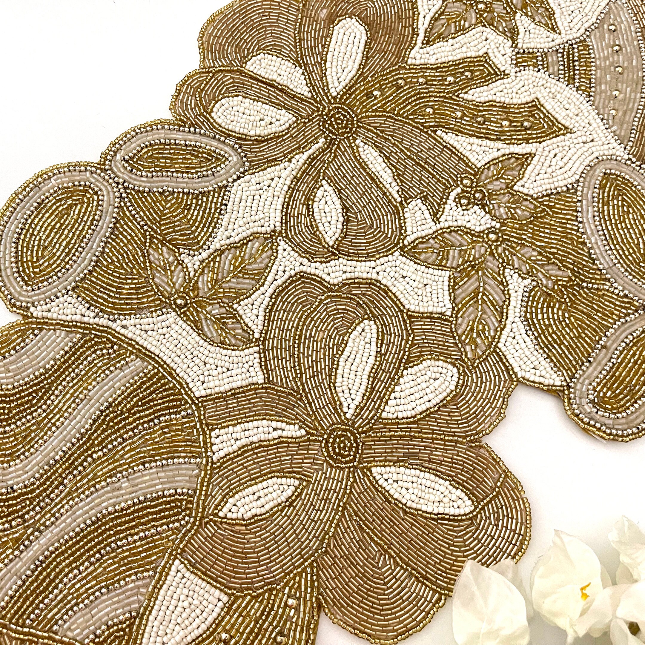 Handmade Christmas Table Runner, Beaded Runner, Centerpiece Cream Gold ...