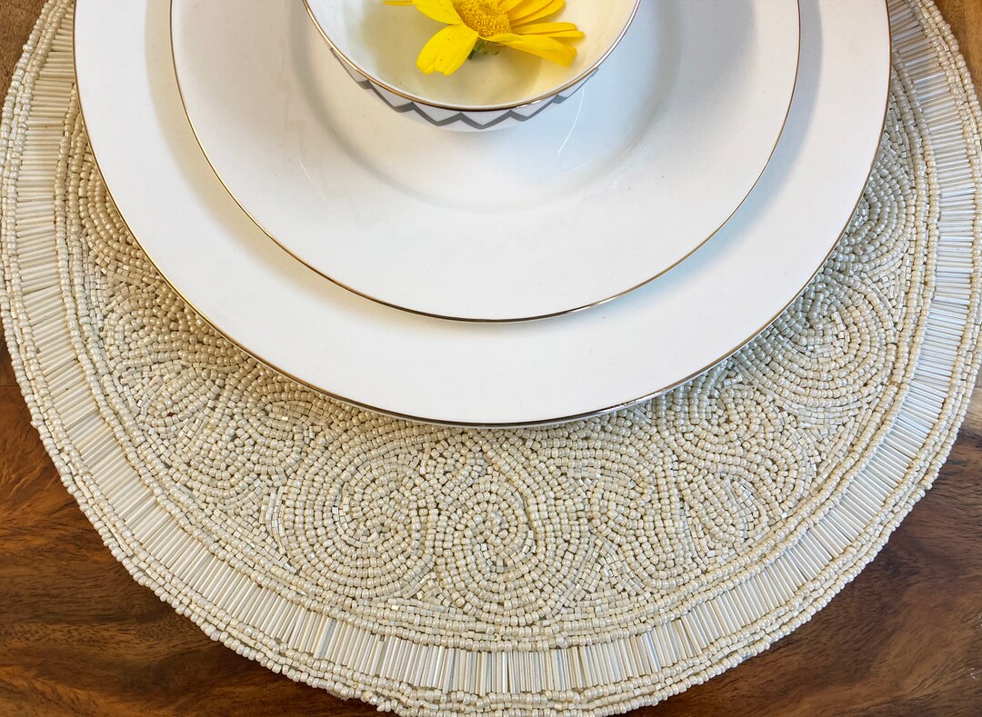 Handmade Beaded Placemat, Beaded Tablemat, 14 Inch, White Bead Charger