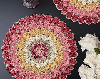 Handmade beaded placemat, floral tablemat red pink yellow, 14 inch, charger plate