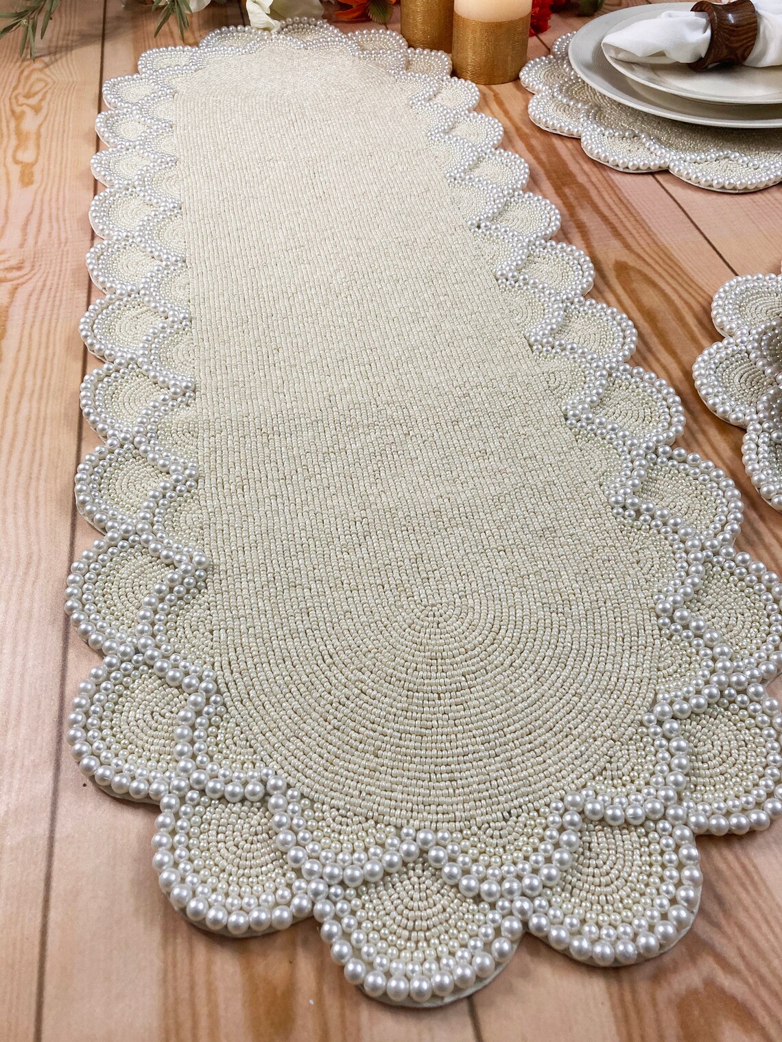 Handmade beaded table runner pearl white wedding table Etsy