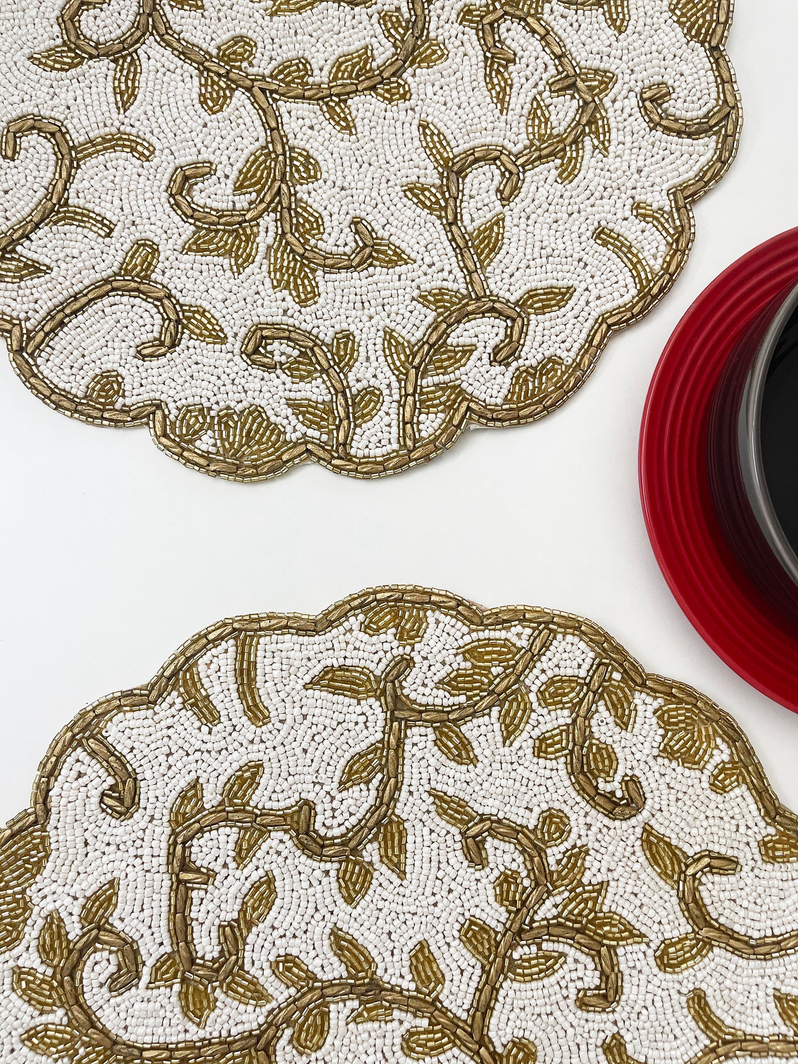 Handmade Beaded Placemat Beaded Tablemat 14 Inch White Gold Etsy