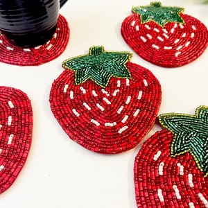 Set of 6 coasters, drink coasters, strawberry beaded coasters, gift for her, housewarming gift