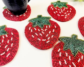 Set of 6 Strawberry Beaded Coasters: Handmade Drink Coasters