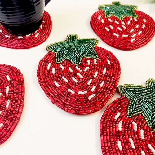 Set of 6 Coasters Drink Coasters Strawberry Beaded Coasters Etsy