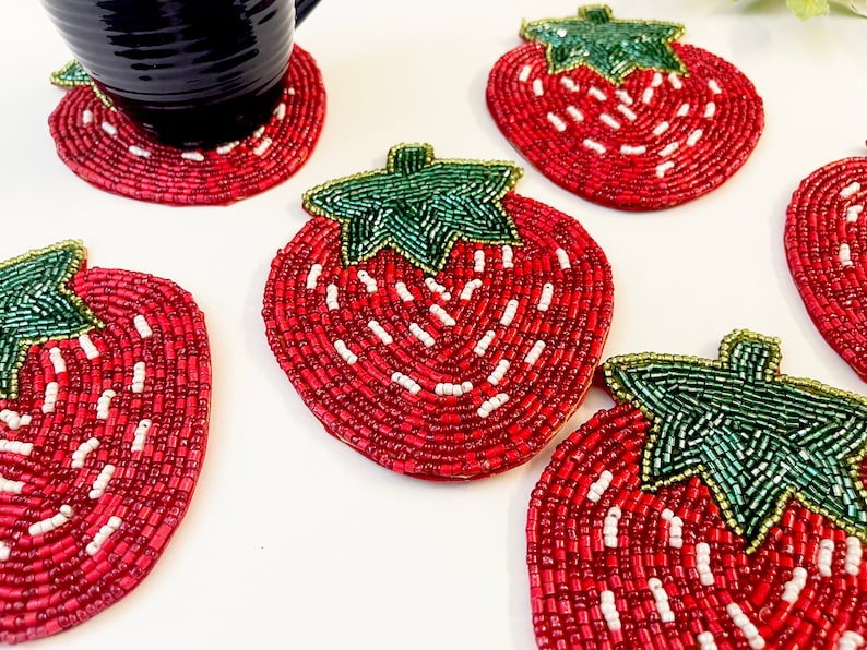 Set of 6 coasters, drink coasters, strawberry beaded coasters, gift for her, housewarming gift