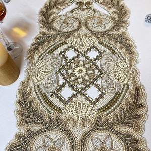 Handmade Table Runner, Beaded Table Runner, Gold & Cream Beads ...