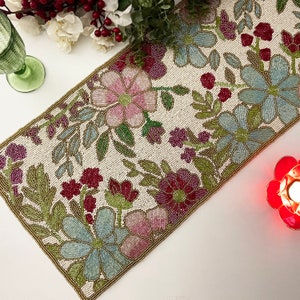 Floral spring table runner, handmade beaded, 13x36inch, multicolour