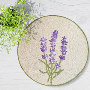 Handmade beaded spring lavender flower table runner and placemats, flower bouquet