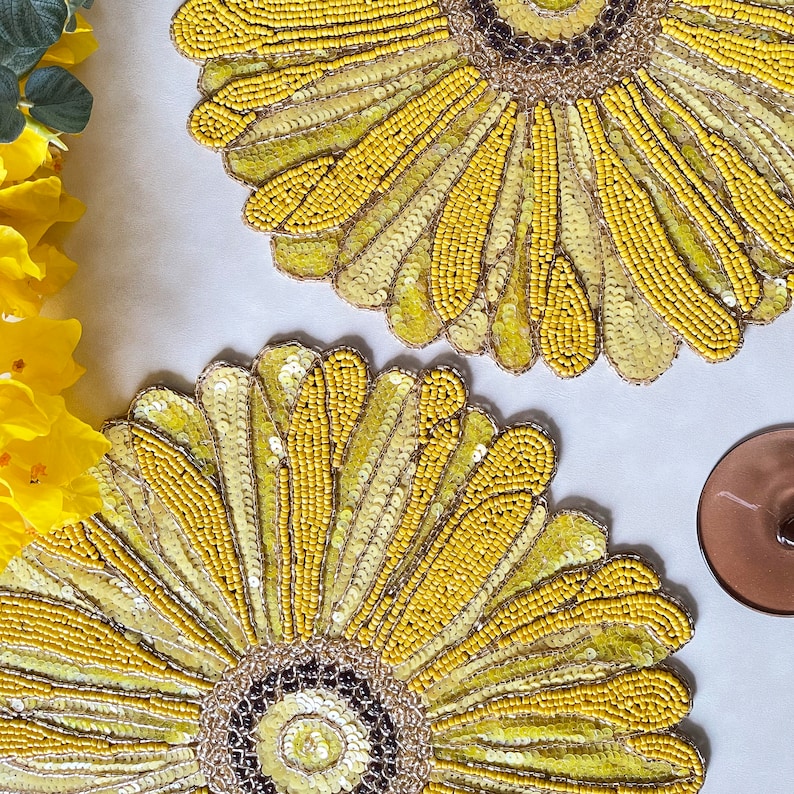 Handmade Beaded Placemat Floral Yellow Tablemat 14 Inch Etsy