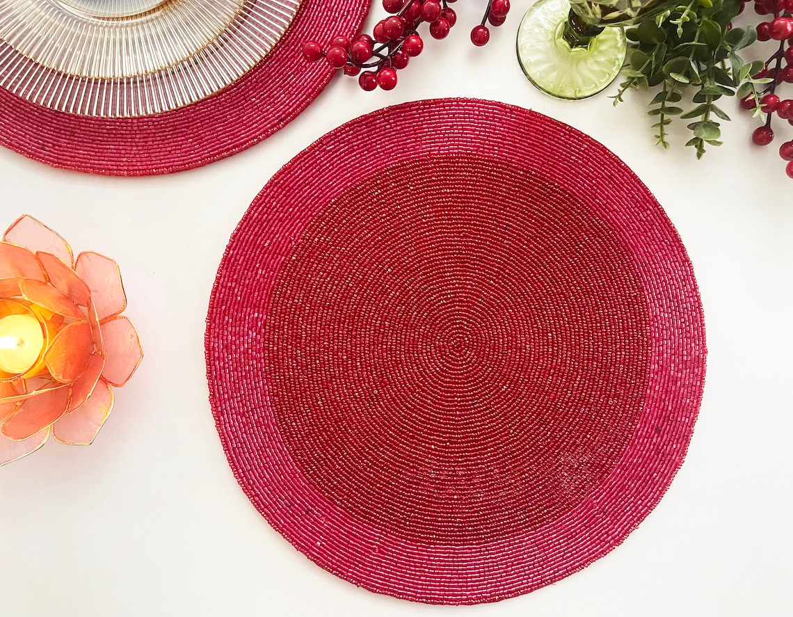 Set of 2 handmade beaded placemat pinkish red beaded Etsy