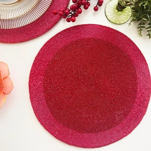 Set of 2, Handmade Beaded Placemat, Pinkish Red Beaded Tablemat, 14 ...