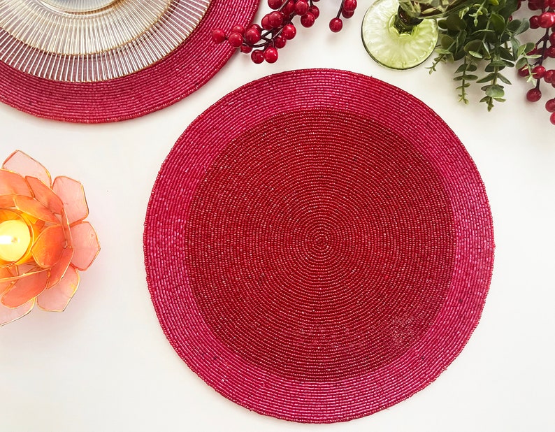 Set of 2 Handmade Beaded Placemat Pinkish Red Beaded Etsy