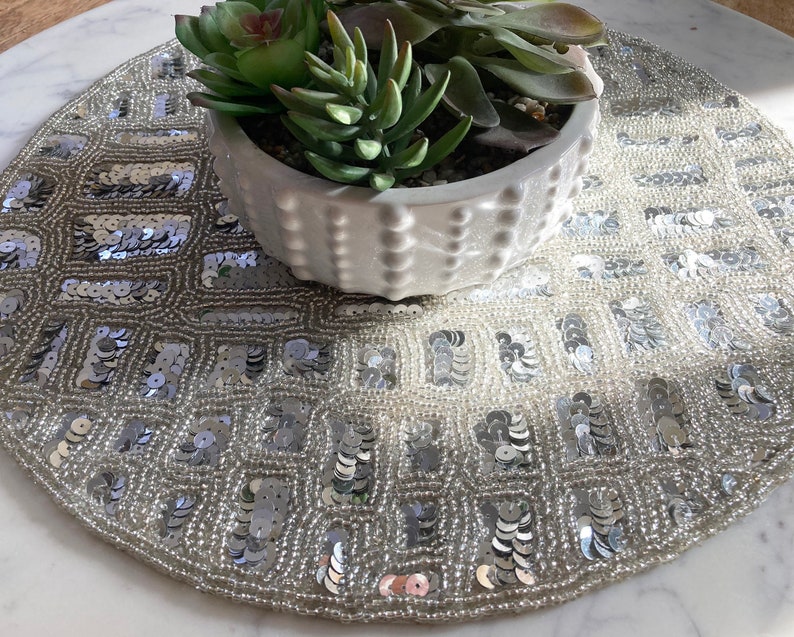 Handmade Beaded Sequin Placemat Table Mats 14 Inch Silver Etsy