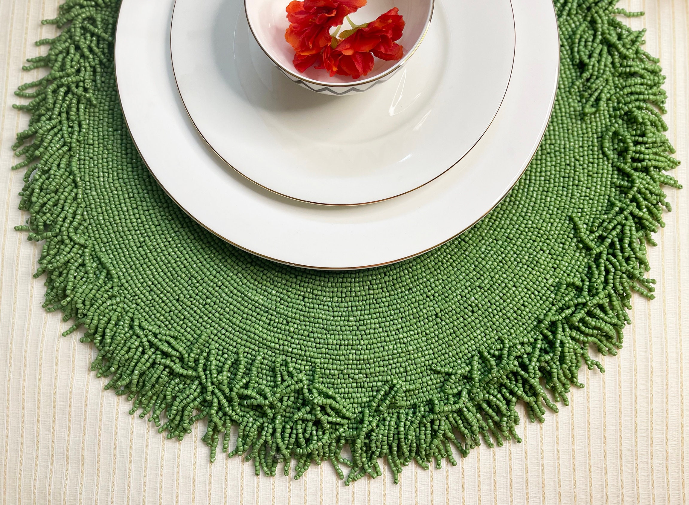 Luxury beaded placemat beaded tablemat 15 inch green bead Etsy