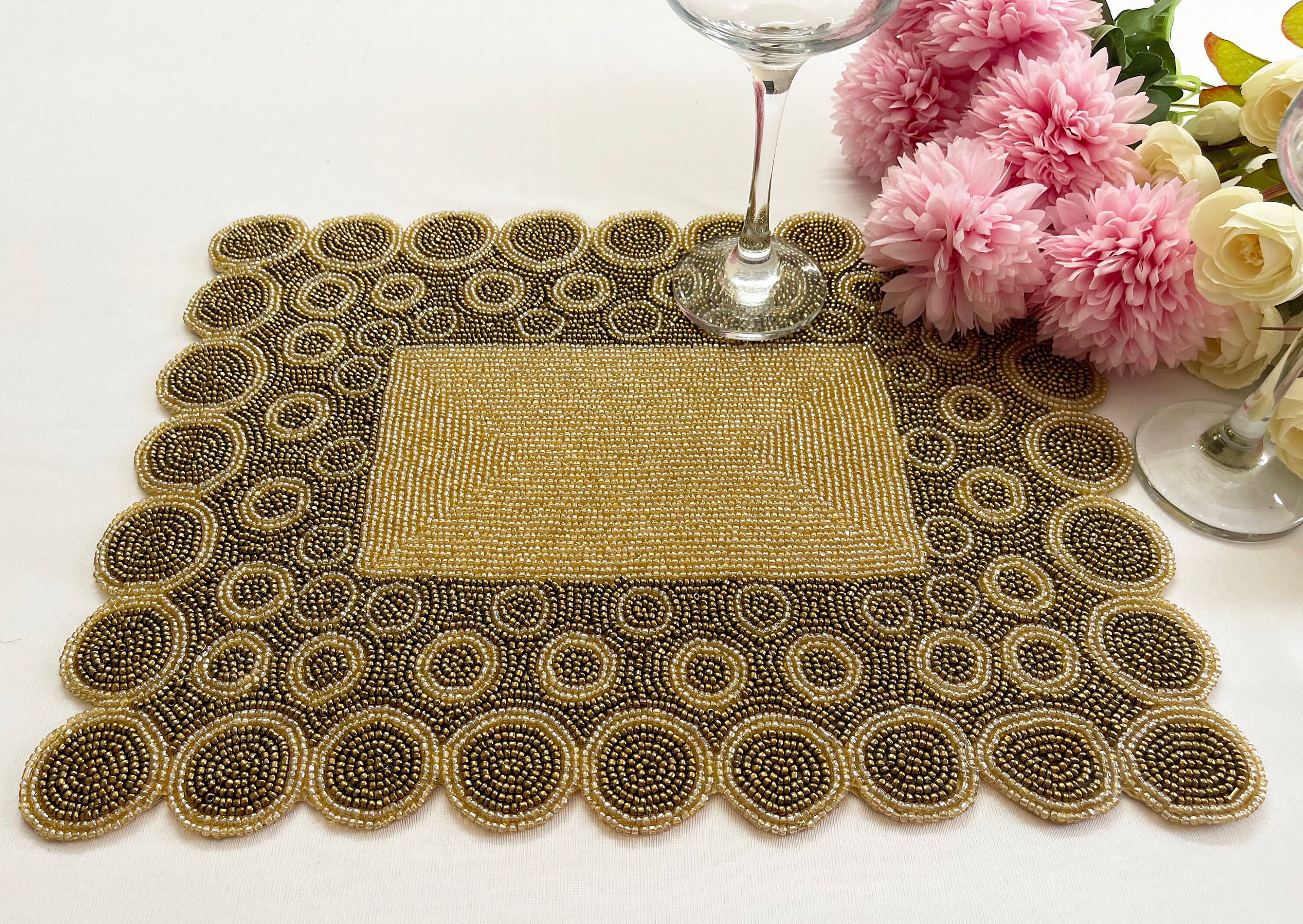Handmade beaded placemat set of 2 beaded tablemat gold Etsy