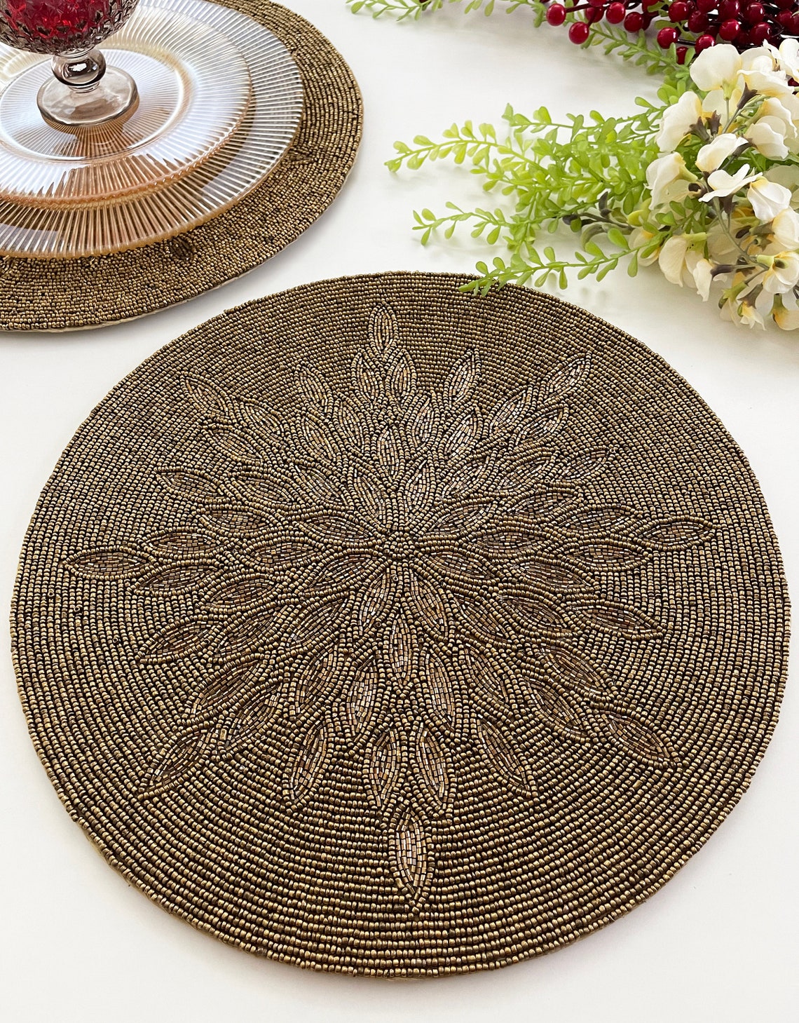 Handmade Beaded Placemat Tablemat 14 Inch Antique Gold Etsy