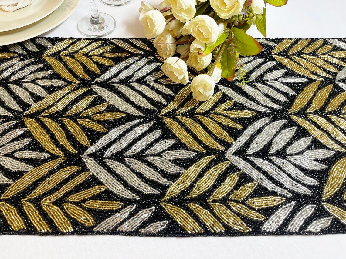 Handmade table runner gold and silver on black hand beaded Etsy