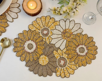 Handmade beaded placemat, table mats, 17x12 inch, sunflower dinner mat