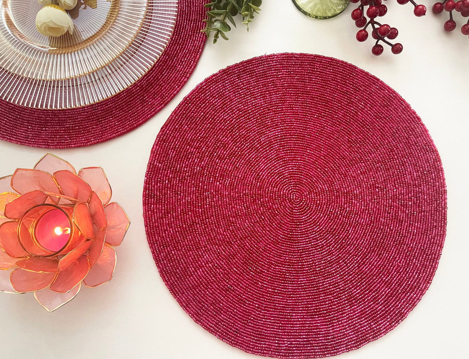 Handmade beaded placemat tablemat 14 inch berry red bead Etsy