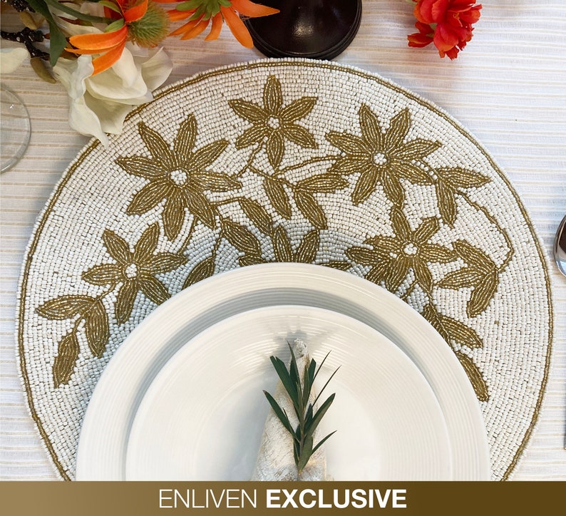 Handmade Beaded Placemat Beaded Tablemat 14 Inch White Etsy