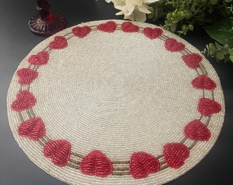 Set of 2/6, Valentine's Day special beaded placemat, Red hearts