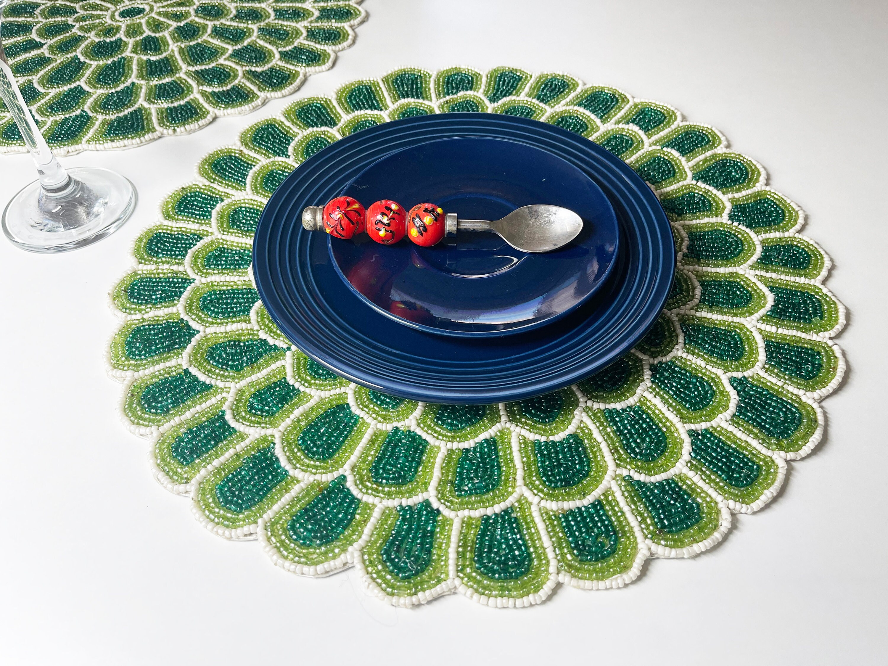 Handmade beaded placemat tablemat 14 inch green bead Etsy