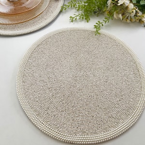 Handmade Beaded Placemat: White & Cream Charger Plate (14 inch)