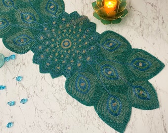 Handmade bead table runner, peacock design beaded runner 13x36 inch