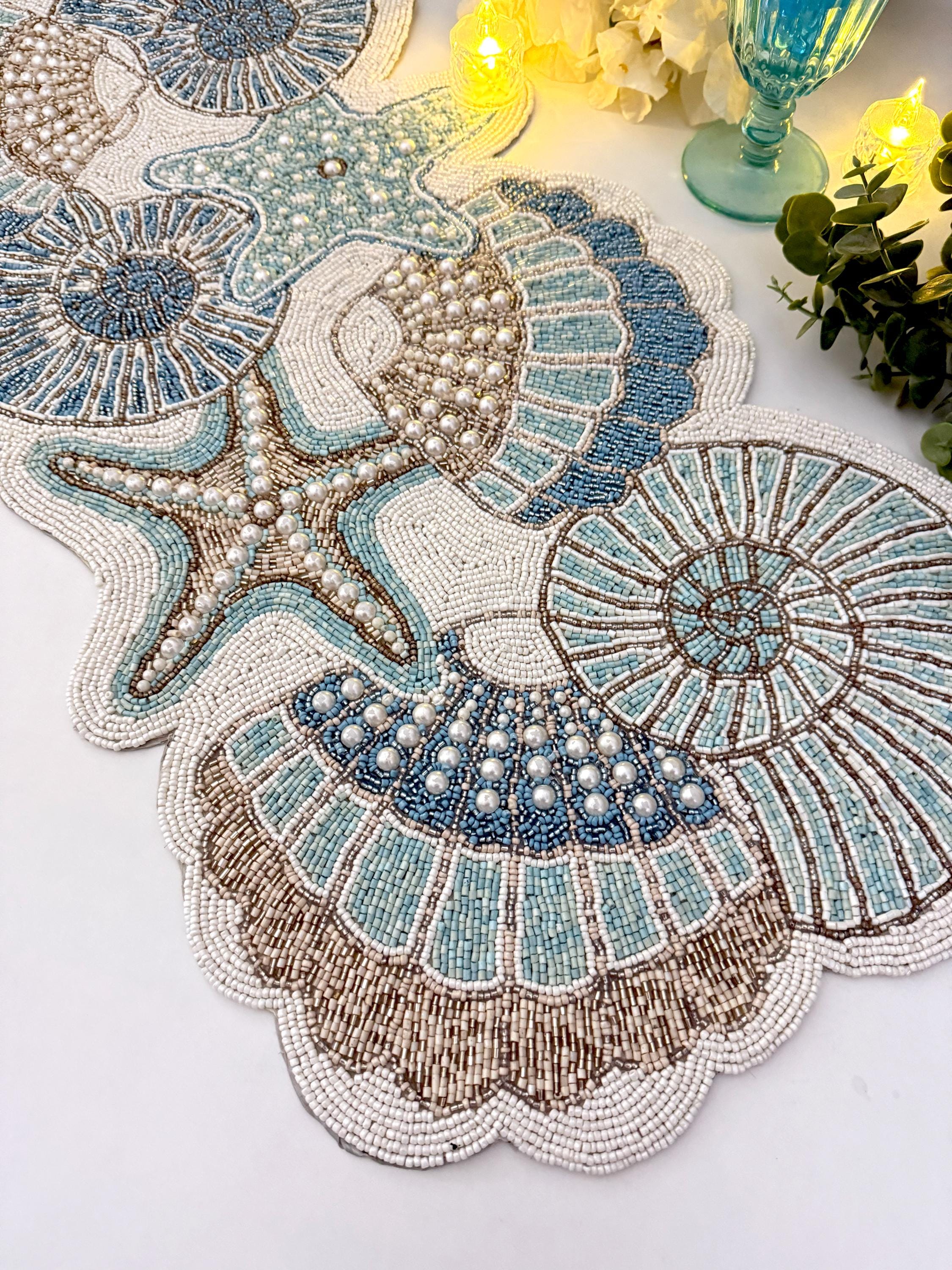 Runner Seashell Handmade Beaded Table Runner: Coral & Seashell Design (13x36 Inch) - Etsy