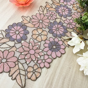 Handmade table runner, spring floral beaded table runner, 13x36inch