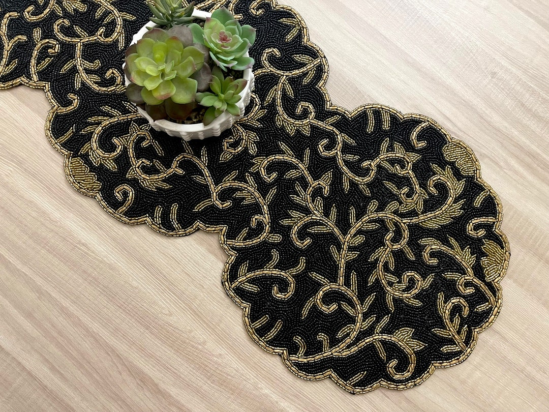 Handmade Beaded Table Runner: Black & Gold Floral Decor - Etsy