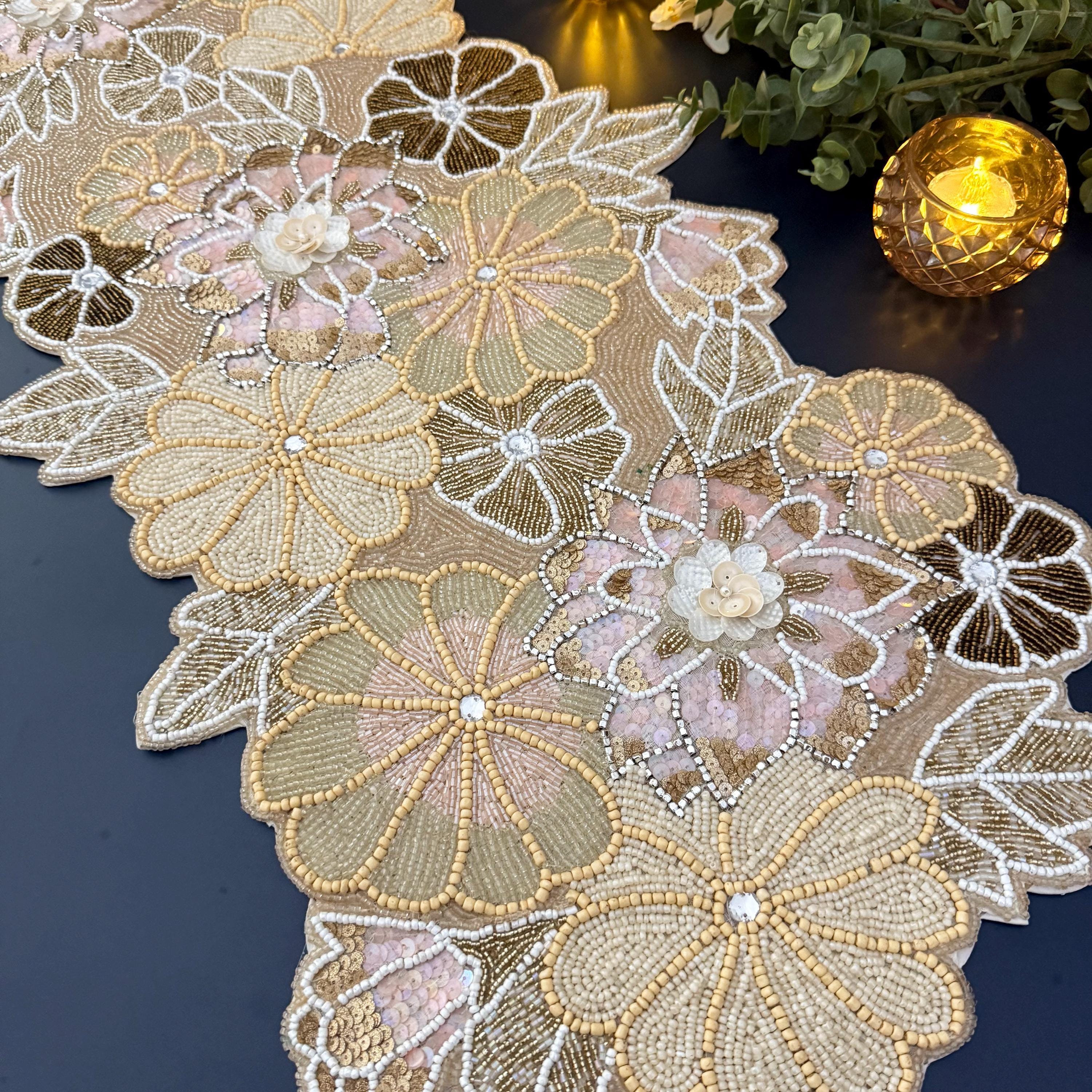 Handmade Beaded Floral Table Runner, Multicolour Spring Decor (13x36 ...