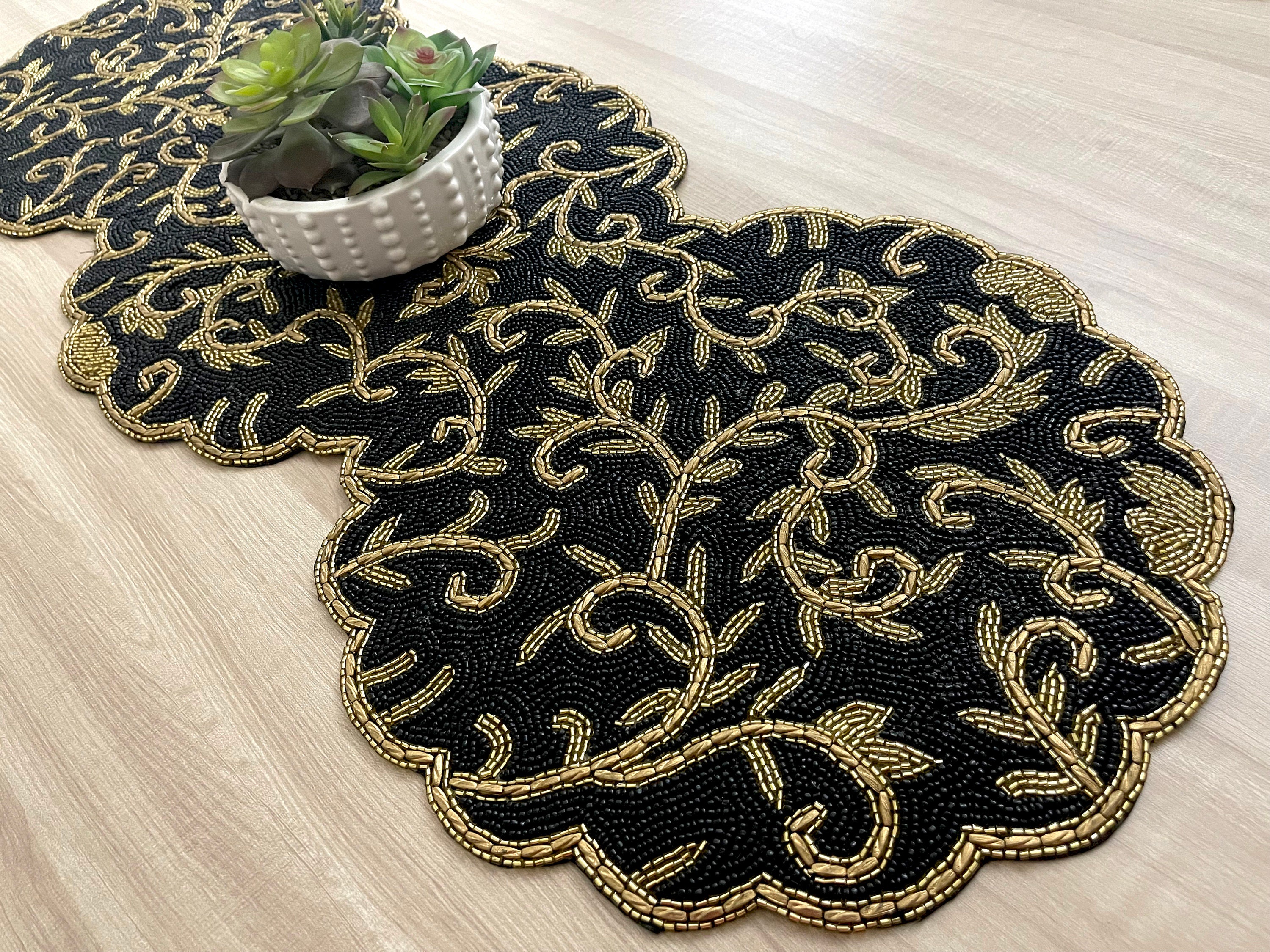 Handmade Beaded Table Runner: Black & Gold Floral Decor - Etsy