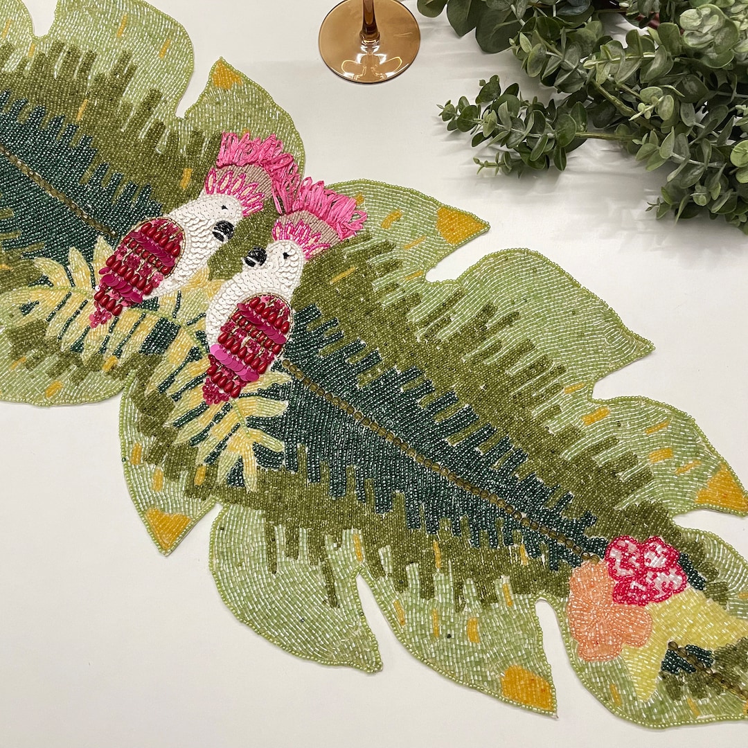 Handmade Beaded Table Runner: Leaf, Flower & Bird Design (13x36 Inch ...