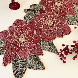 Christmas Handmade Table Runner, Floral Beaded Poinsettia Runner ...