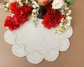 XL Handmade beaded placemat, table decoration, beaded tablemat, white pearl 18/24inch