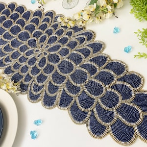 Handmade bead table runner, floral beaded runner, 13x36inch