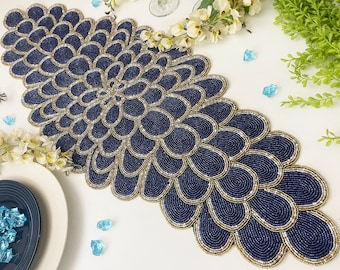 Handmade bead table runner, floral beaded runner, 13x36inch