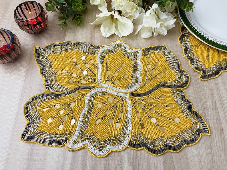 Handmade Beaded Placemat Tablemat 14 Inch Yellow Gold Grey Etsy