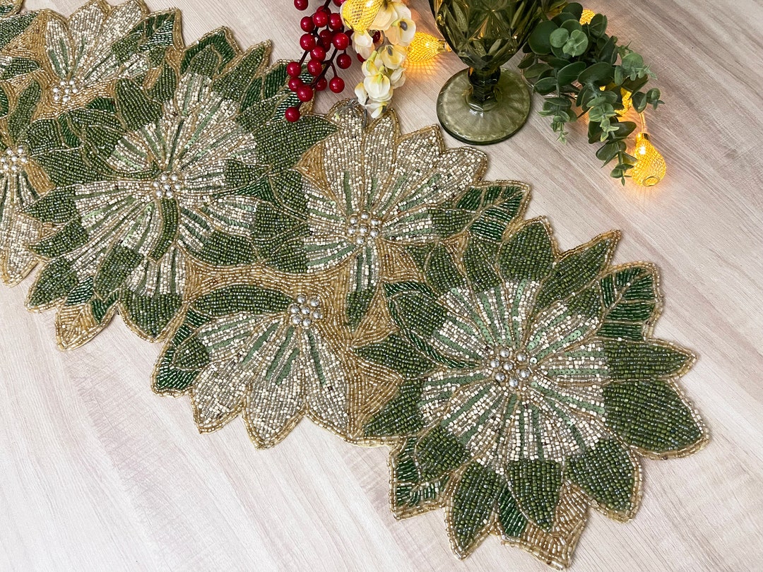 Handmade Christmas Table Runner: Beaded Poinsettia Floral, 13x36 Inch ...