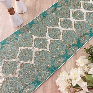 Luxury handmade bead runner, teal, light blue and gold, 13x36 inch