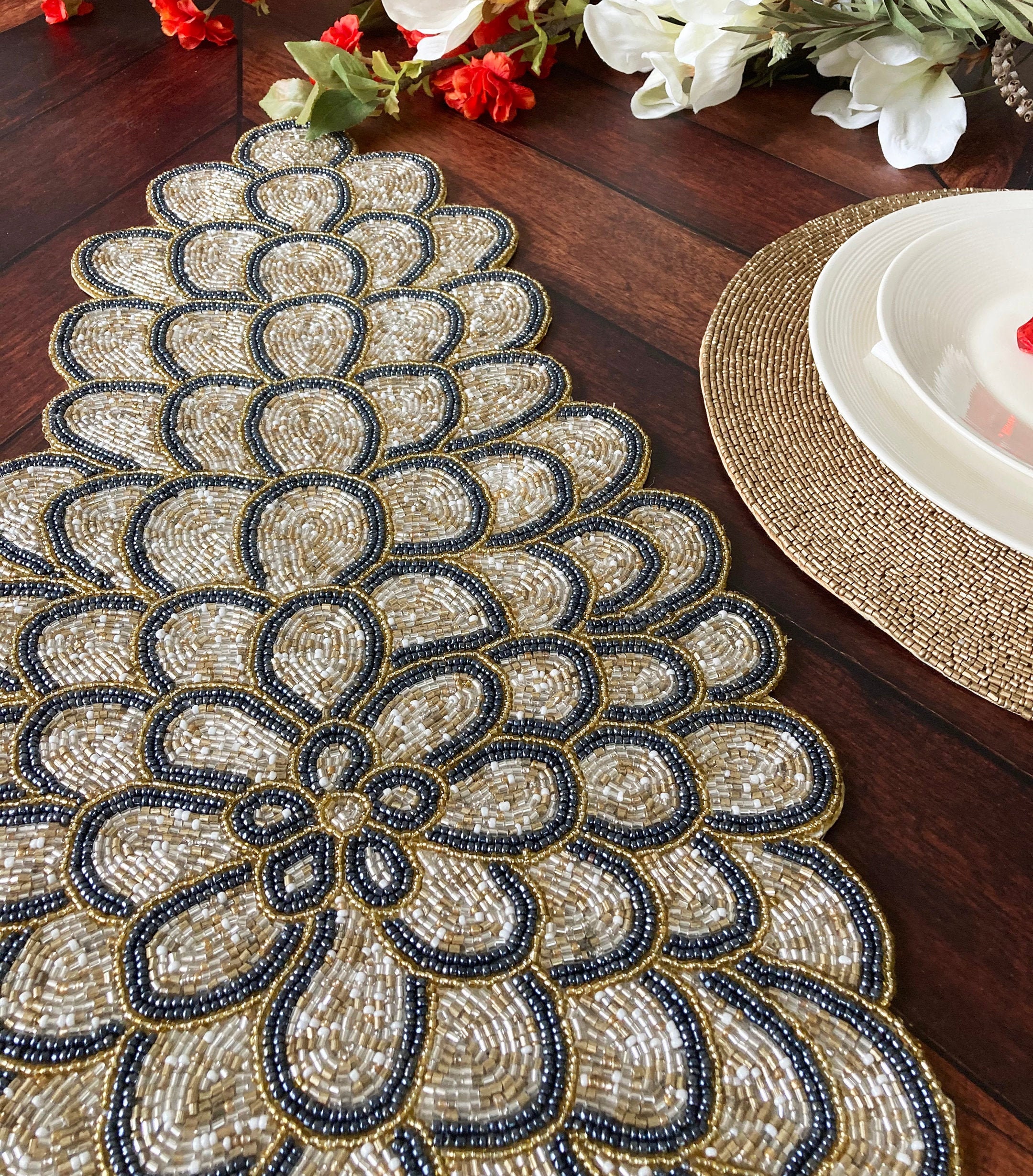 Handmade bead table runner floral beaded runner 13x36inch Etsy