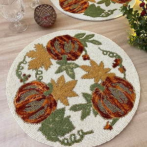 Set of 2, handmade beaded placemat, pumpkin harvest table mat, bead and embroidery charger 