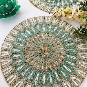 Luxury handmade bead placemat, table decoration, beaded tablemat, teal, light green and gold