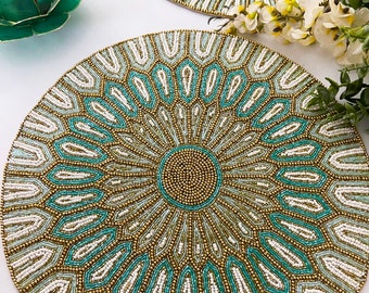 Luxury handmade bead placemat, table decoration, beaded tablemat, teal, light green and gold