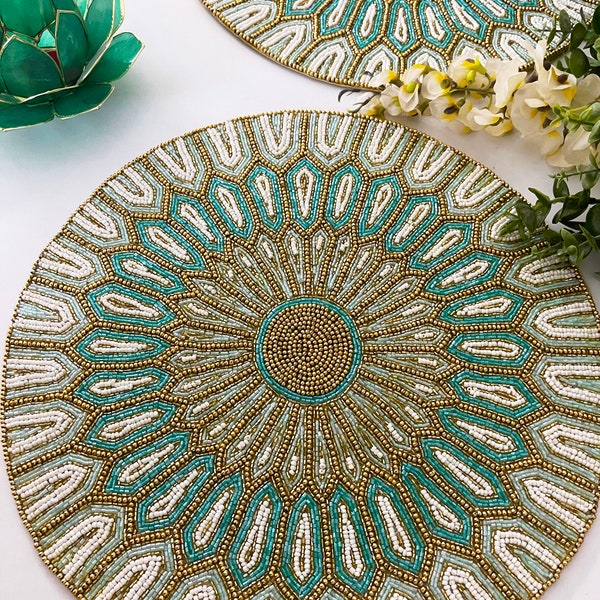 Luxury handmade bead placemat, table decoration, beaded tablemat, teal, light green and gold
